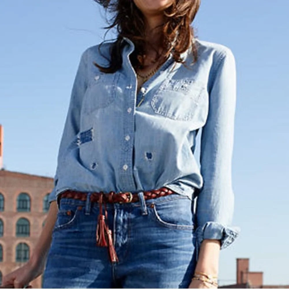 Madewell Rip & Repair Distressed Chambray Denim Button-Up Shirt - Picture 3 of 13